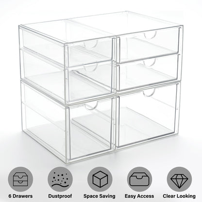 Prsildan Acrylic Drawer Makeup Organizer with 6 Drawers (Not for Baby Bottle), Set of 2 Office Desk Organizers Accessories, Clear Stackable Storage Drawers for Vanity, Craft (Largest Drawer 4" Tall)