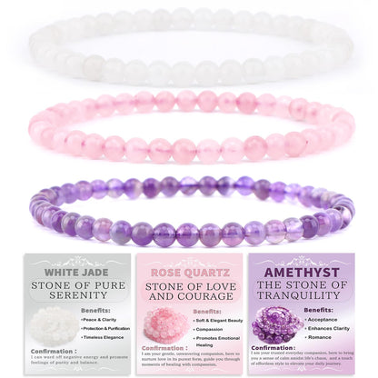 CMBYN 3-Pieces 4mm Natural Crystal Gemstone – ﻿Amethyst, Pink Quartz, White Jade Handmade Reiki Energy Healing Stretch Bracelets Jewelry for Yoga, Meditation, Unisex