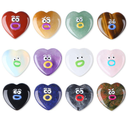 XIANNVXI Funny Emotion Heart Polished Stone Gift 12pcs Natural Heart Healing Crystals Stones Mothers Day Graduation Birthday Gifts for Women Cute Emoji Carving Figurine Crystals Present