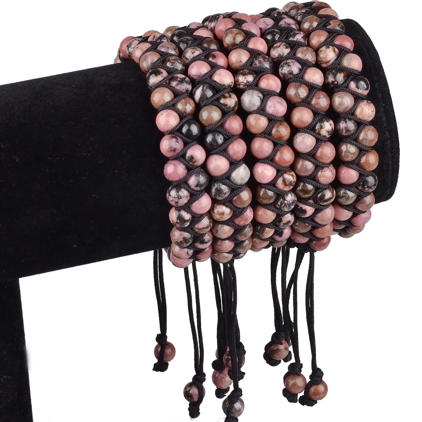 MASSIVE BEADS Natural Chakra Healing Power Crystals Macrame Bracelet Yoga Double Layer Stone Beads Gemstone Meditation Relax Anxiety Bangle for Unisex Women Men (Pink Black Rhodonite, 6mm)