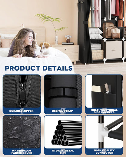Mavivegue Clothes Organizer with 4 Hanging Rods, Portable Closet Wardrobe, Non-Woven Fabric Cover, Large Capacity Storage for Bedroom and Living Room,Black, 67" W x 17" D x 67" H