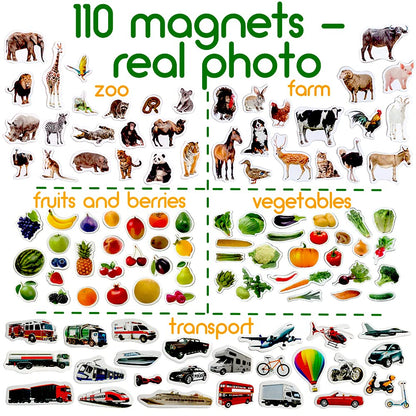 Fridge Magnets for Toddlers - Magdum - 110 Set Zoo+Farm+Fruit+Vegetable+Transport - Real Magnetic Animals for Refrigerator - Realistic Magnets for Kids - Learning Toy Set - Baby Educational Gift