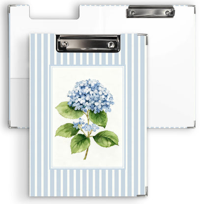 KU-DaYi Blue Hydrangea Floral Clipboard Padfolio with Storage Pocket, Blue Striped Hydrangea Flower Botanical Low Profile Clip Boards for Girls Nurse Office Classroom, 12.4 x 9.25 in