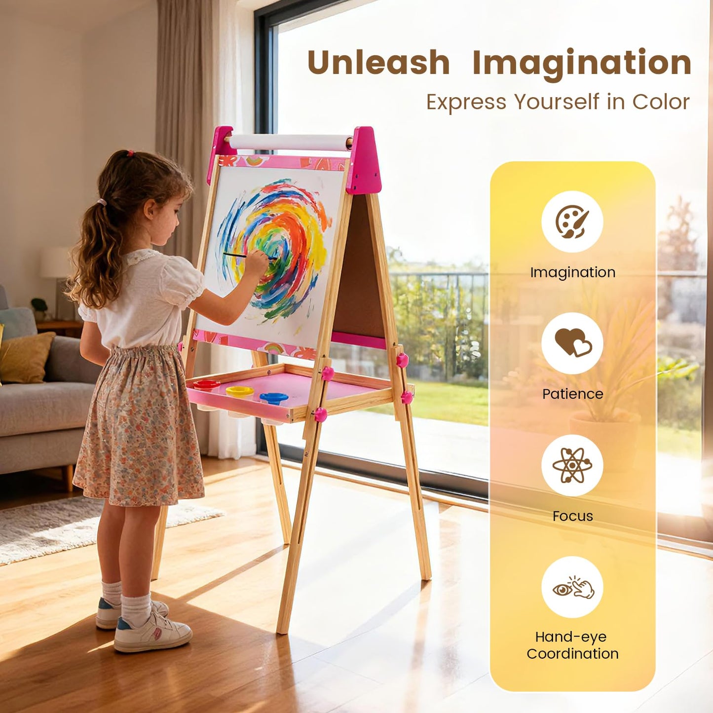 DUMOS Kids Easel Set with Paper Roll, Adjustable Height Wooden Double-Sided Magnetic Chalkboard & Whiteboard Art Station for Ages 3+, Dry Erase Board, Gift Idea with Accessories for Girls and Boys