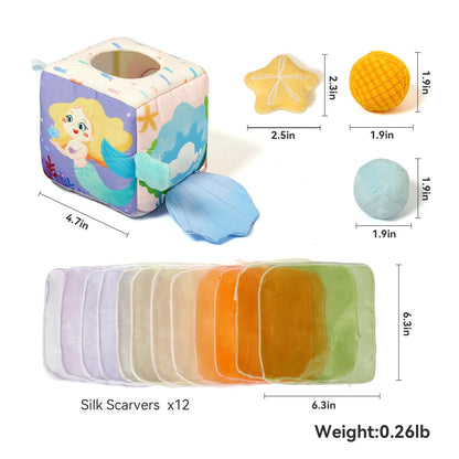 Youuys Baby Tissue Box Toy for Babies 6-12 Months - Montessori Sensory Busy Cube Toys with 3 Textured Balls & 12 Silky Scarves - Ideal Gift for Toddler Girls Ages 6 12 18 Months (Mermaid Theme)