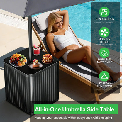 Umbrella Side Table with Hole, Fit Up to 1.5" Poles, Heavy Duty Fillable Base, 132 lbs Capacity, 2 in 1 Outdoor Patio Side Table for Patio Porch Deck Balcony Poolside, Easy Assembly, Modern Style