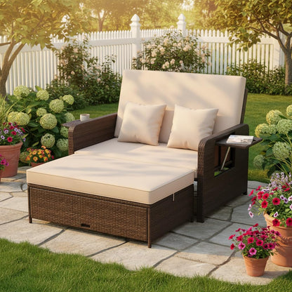 Tangkula Patio Rattan Daybed with 4-Level Adjustable Backrest, Outdoor PE Wicker Loveseat with Storage Ottoman & Folding Side Tray, Double Sunbed Lounger for Balcony, Backyard & Poolside
