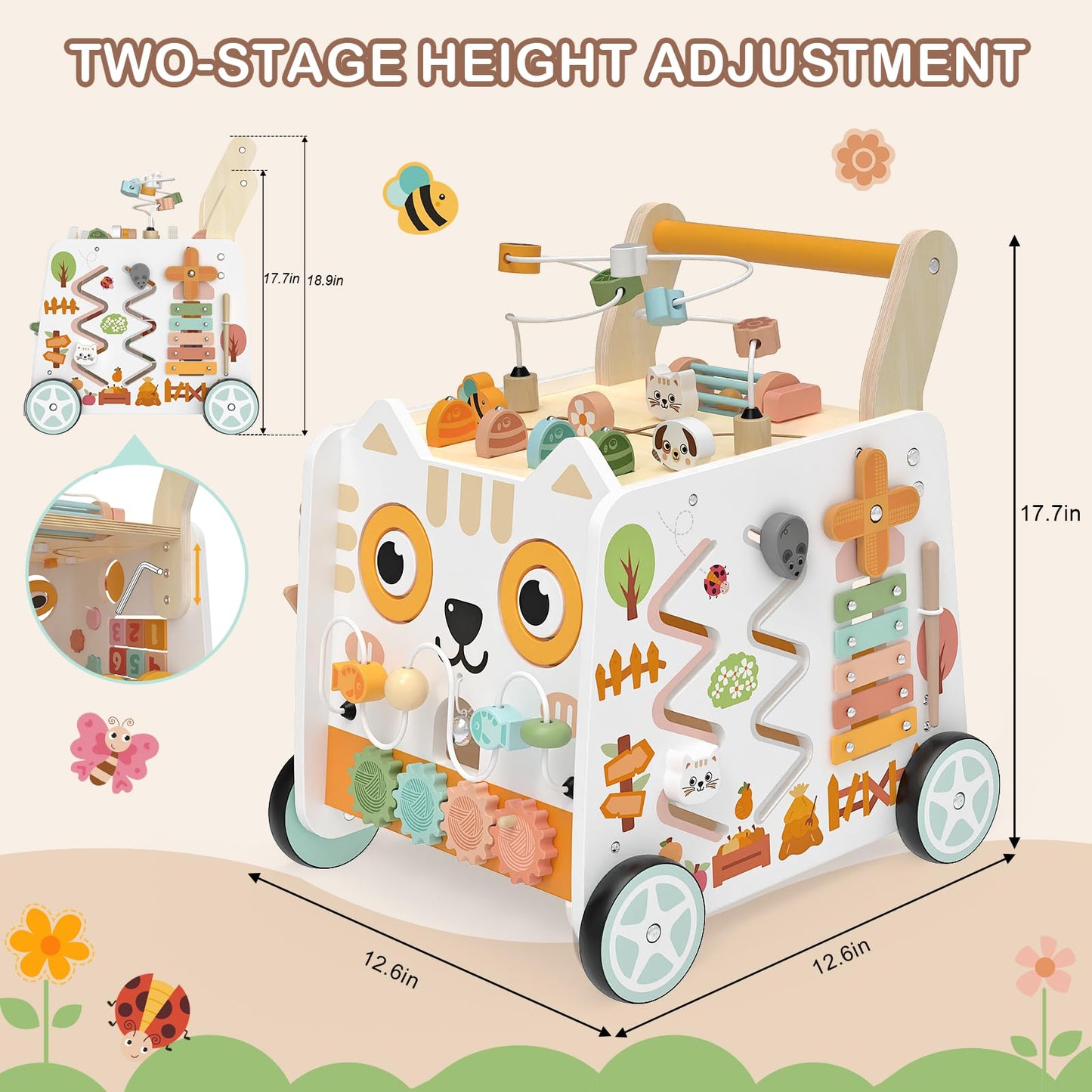 Wooden Baby Walker, Baby Push Walker with Wheels, 16-in-1 Montessori Activity Center Bead Maze Shape Sorter Xylophone, Height Adjustable Walking Toy 12+ Months, 1 Year Old Birthday Gifts Boys Girls