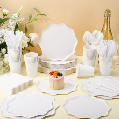 Ziliny 350 Pcs Cute White Party Supplies, 50 Guests Disposable Paper Plates Paper Cups Cutlery Napkins Dinnerware Set for Wedding, Birthday, Baby Shower, Outdoor (scallop Wave 1, White)