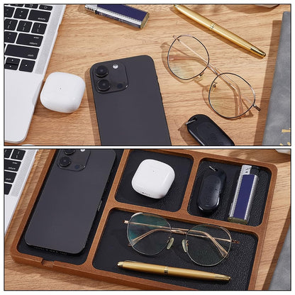 HOBBIESAY Wooden Valet Tray with PU Leather Inlay Wood Storage Organizer Tray with 4 Compartment Nightstand Desktop Storage Organizer for Phone Earbud Key Jewelry Table Organizers