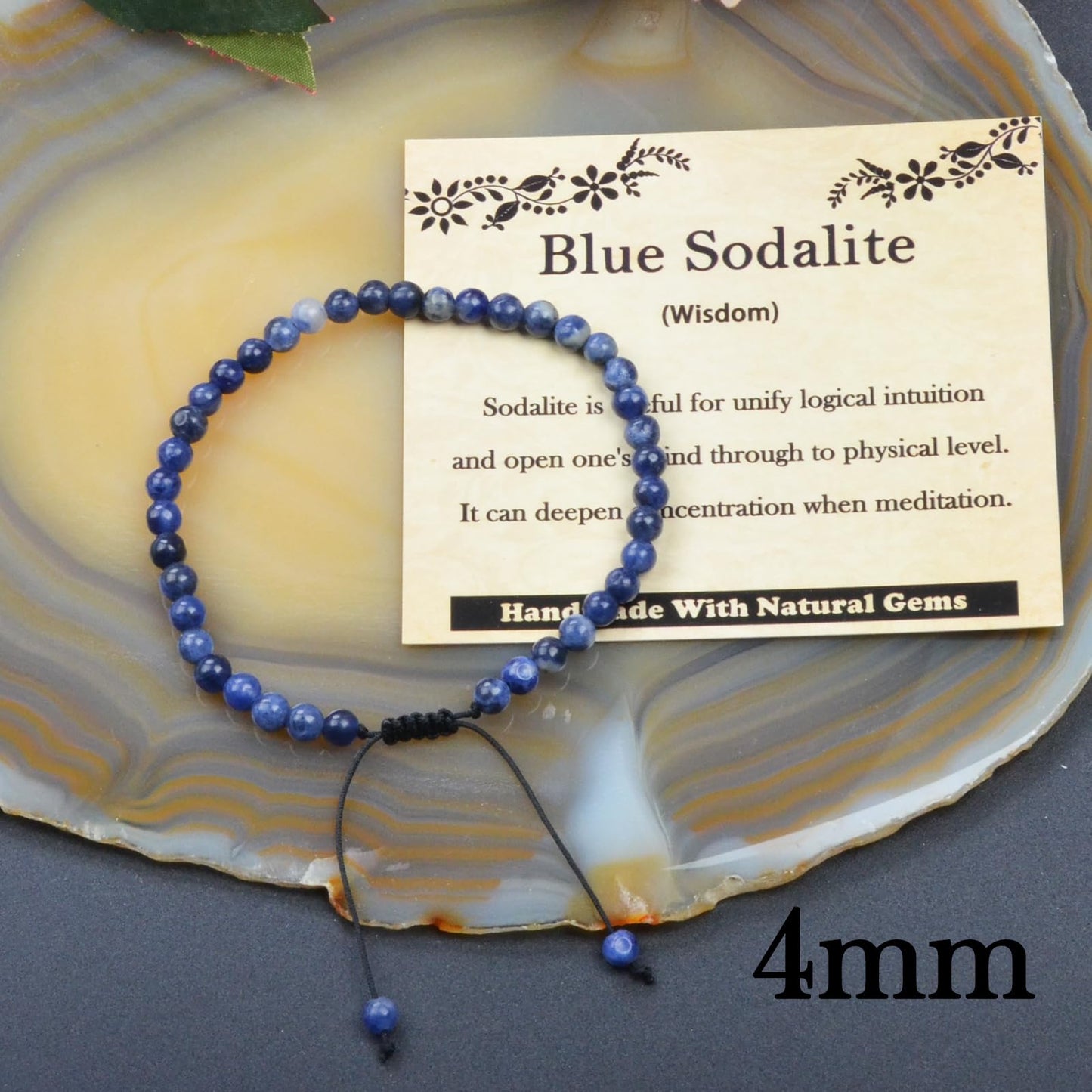 CHCCOYE 4mm Handmade Adjustable Natural Gemstone Crystal Bracelet Healing Power Energy Inspirational Gifts with Card for Unisex (Blue Sodalite)