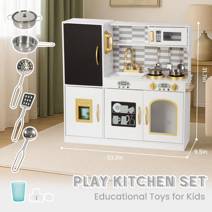 Kitchen Playset for Kids Ages 3-8, Wooden Kids Play Kitchen Chef Pretend Play Set for Toddlers, Toys Kitchen with Toy Food & Cookware Accessories