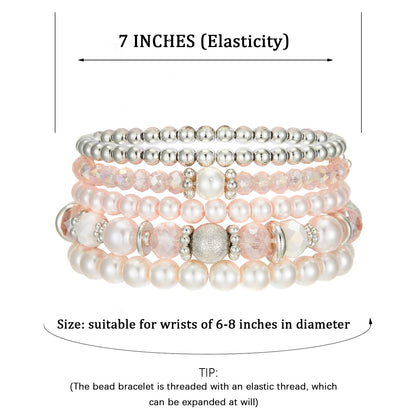 Noessla Beaded Pearl Stretch Bracelet Silver Stackable Crystal Beads Bracelets Trendy Costume Jewelry Mothers Day Gifts for Women(Pink)