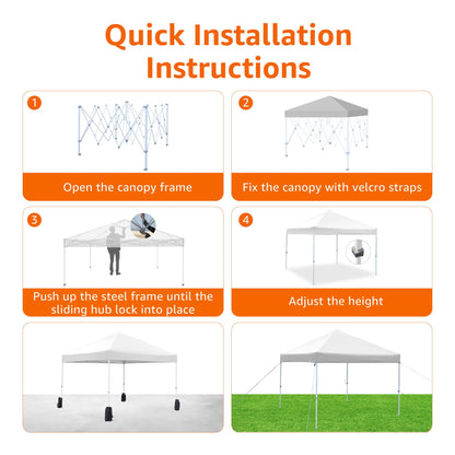 Amazon Basics Outdoor Pop Up 10 x 10 Canopy Tent for Events, Portable with Instant Easy Setup, One-Push, Includes Wheeled Carry Bag, 8 Stakes, 4 Ropes, 4 Weighted Bags, White