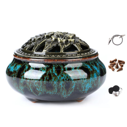 LamDawn Censer Sky Blue Incense Burner with Calabash Incense Stick Holder - Porcelain Charcoal Censer for Use with Resin Granular Powder Cone or Coil Incense (Blue Fambe)