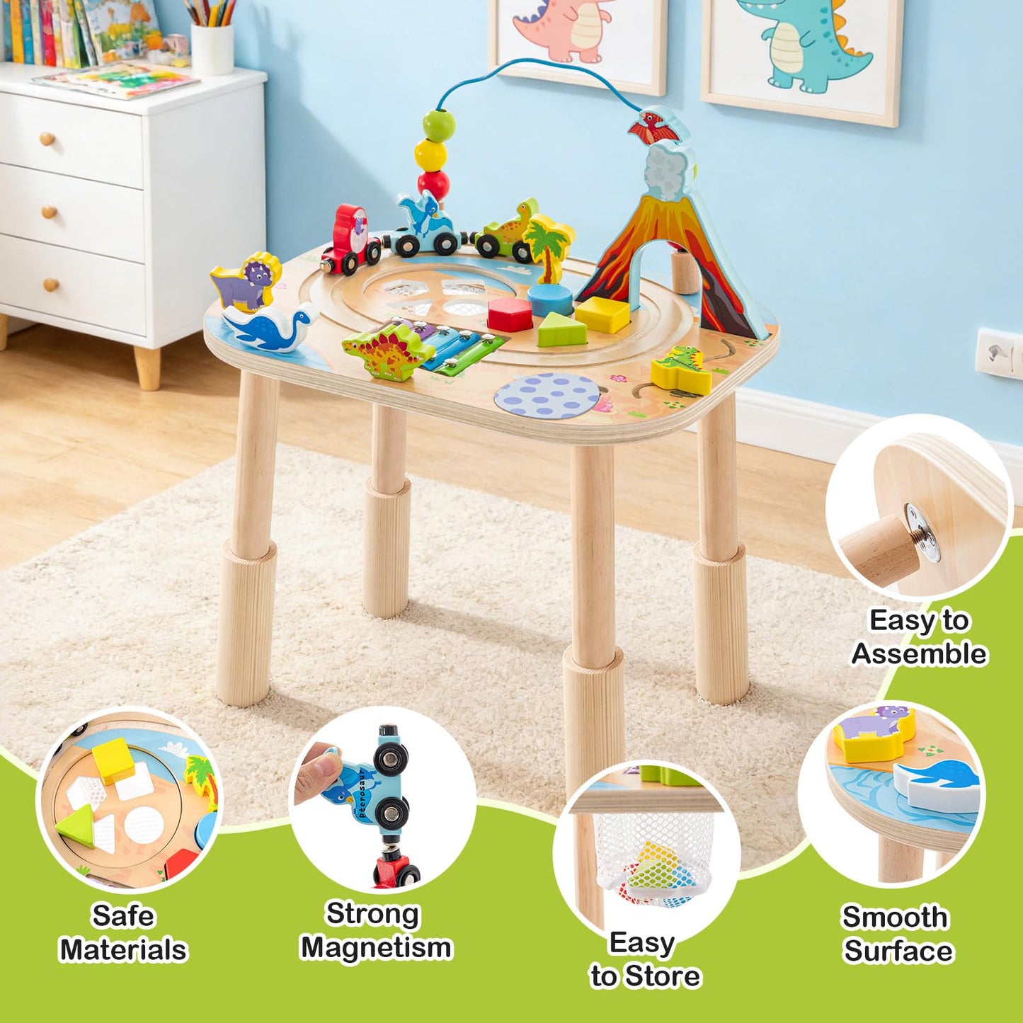 Activity Table for 1 Year Old with Two Height Levels,Wooden Sensory Play Table for Toddlers 1-3,8 in 1 Montessori Learning Toy with Bead Maze, Shape Sorter,Train,Gift for Baby Boys Girls (Dinosaur)