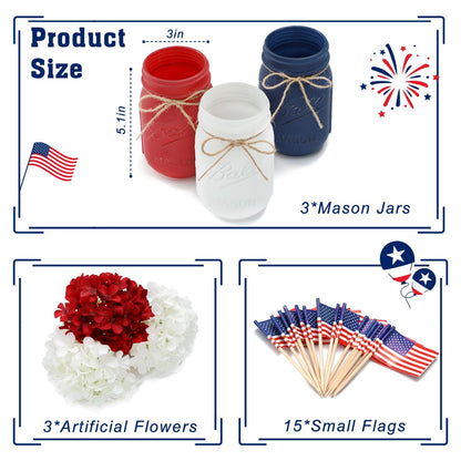 Patriotic Table Decorations, Memorial Day Decor, 250 Anniversary USA Patriotic Mason Jars with Mini American Flags, 4th of July Decorations, Red White and Blue Decor, Patriotic Themed Party Decoration