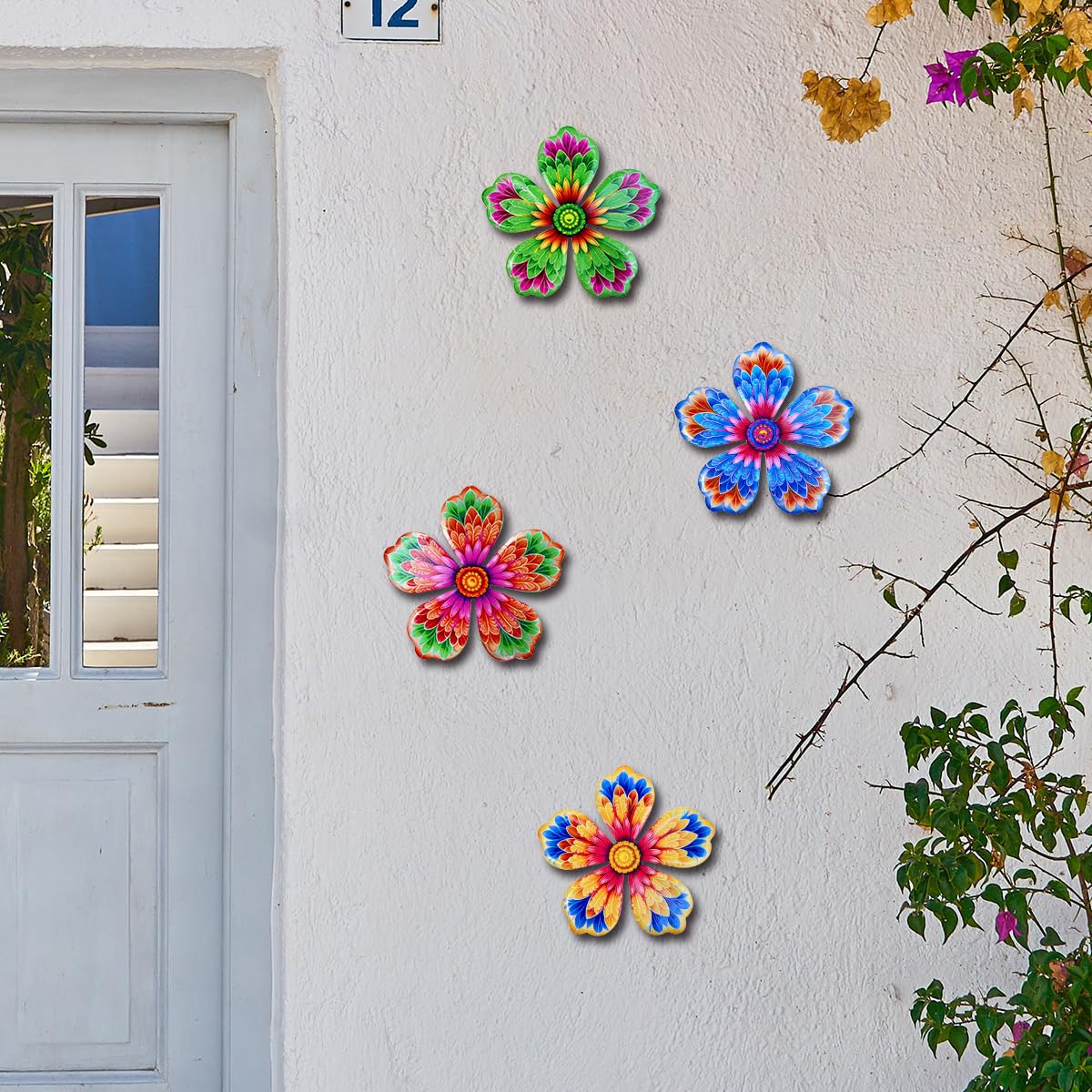 Giyyomtr Metal Flowers Wall Decor - 4pcs 6.2'' Metal Wall Art Hanging Decorations for Outdoor Fence Garden Yard Patio Exterior Wall Decor