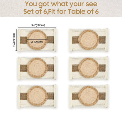 Zology Handmade Boho Placemats Set of 6 - Natural Cotton Burlap and Water Straw Woven Combination Table Mats, Macrame Décor and Farmhouse Style Placemats, for Dining Table Kitchen