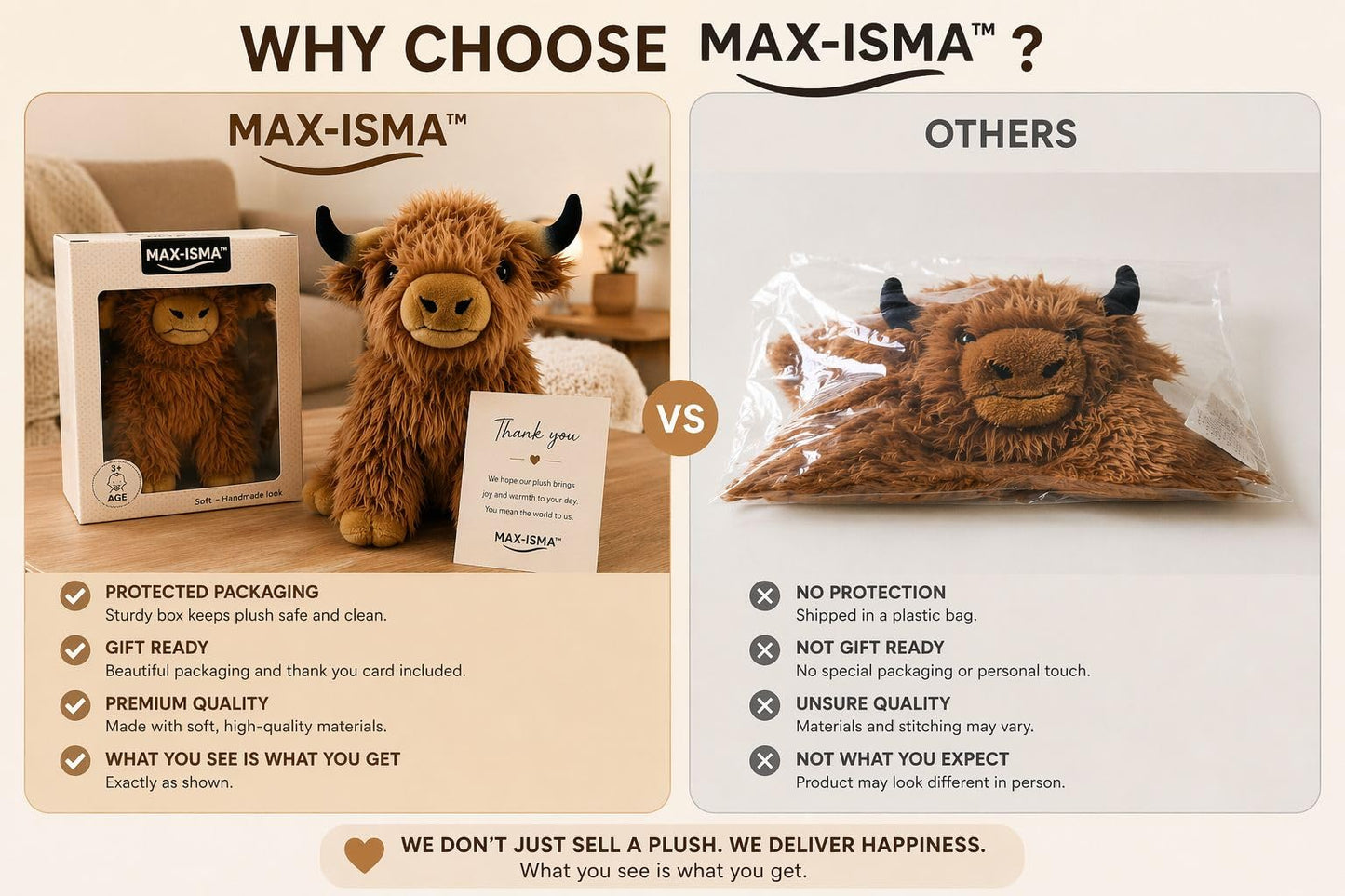 MAX-ISMA Highland Cow Plush – Big Stuffed Animal for Kids – Cute Fluffy Brown Highland Cattle Plushie Toy – Soft Realistic Plush Gift for Girls & Boys