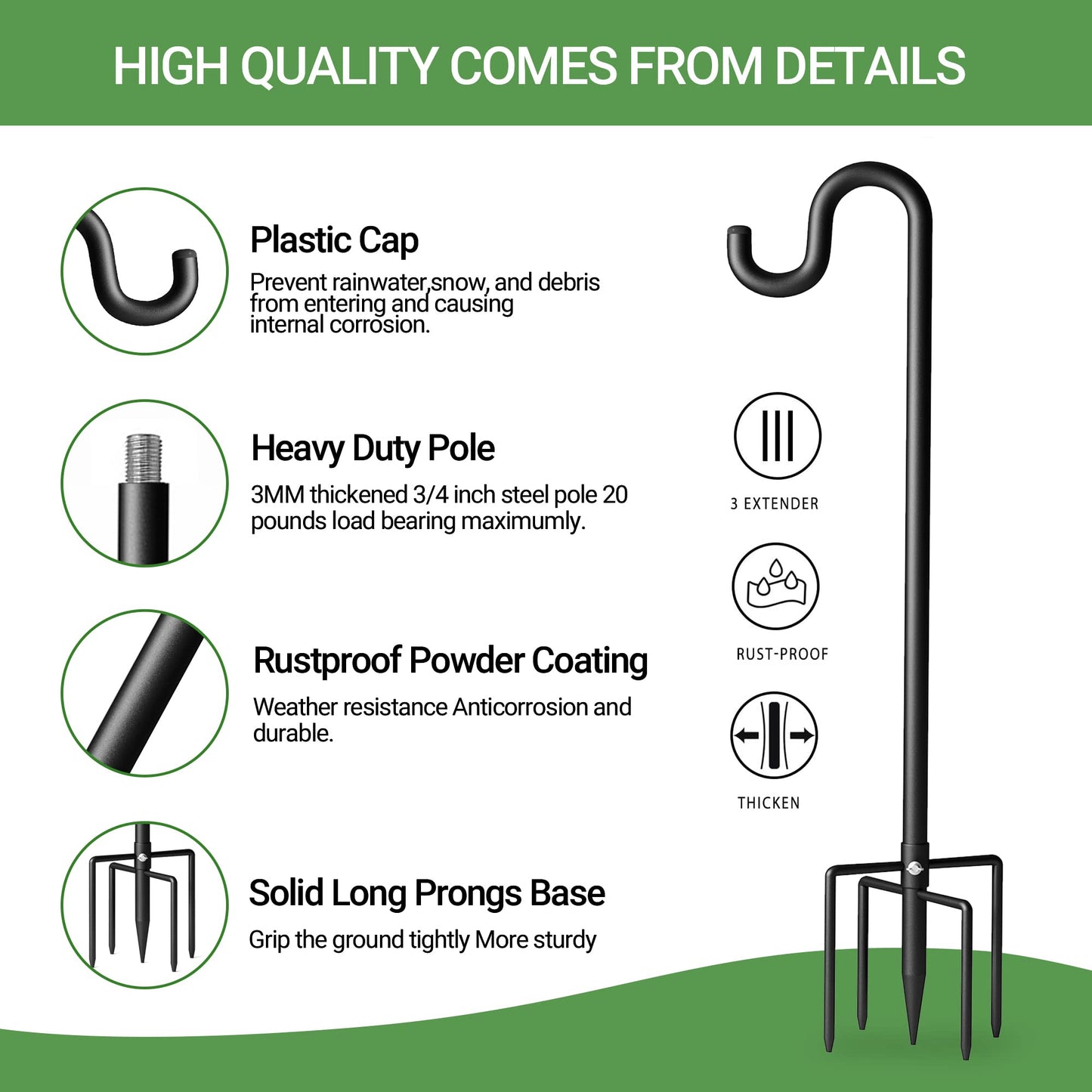 Surprizo 76" Shepherds Hooks for Outdoor, Extra Thick Bird Feeder Pole with 5 Prong Base, Adjustable Shepards Hook for Garden, Weddings, Hanging Plant