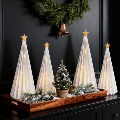 OBBOLO 4 Pcs White Paper Christmas Trees, Holiday Centerpiece Decorations with Star Designs, Foldable Tabletop Décor for Xmas Party & Winter Home Styling