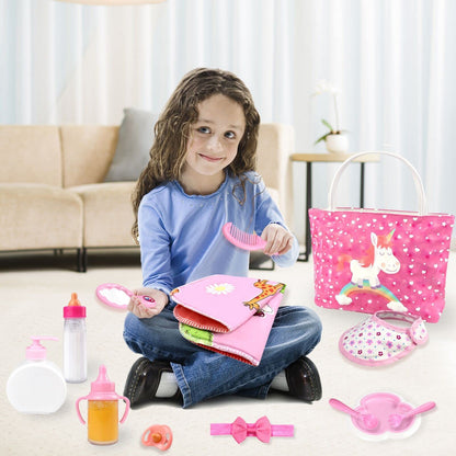 BNUZEIYI Baby Doll Accessories - Feeding and Caring Set With Diaper Bag, Bottles for Girls Toys Gift, Stuff Clothes Fit 14-16 Inch and 18 Inch Dolls