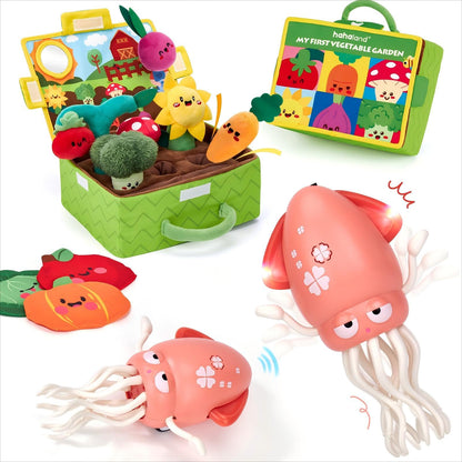 hahaland Baby Toys 6-12 Months - Fruits Vegetables Garden Plant Plush and Dancing Squid Toy - Tummy Time Toys, Crawling Toys, Wiggling Musical Standing Toy