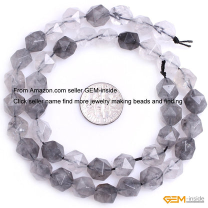 GEM-Inside Grey Cloudy Quartz Gemstone Loose Beads Natural 10mm Faceted Cambay Stone Power for Jewelry Making 15"
