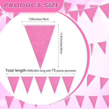 Hahafelt 100 Feet Pennant Banners Flags 75 Solid String Triangle Flags for Grand Opening, Carnival Theme Birthday Party Decoration Outdoor Events Classroom Decoration(Pink)