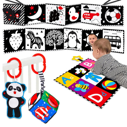 4 PCS Black and White High Contrast Baby Toys 0-3-6 Months Newborn Essential Toy for Babies Crinkle Sensory Book Brain Development Tummy Time Mirror Infant Carseat Rattle Shower Easter Gifts Boy Girl