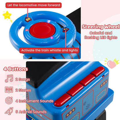 Costzon 2-Seater Ride on Train with Carriage, 6V Ride on Toy w/Under-Seat Storage, Footrests, Train Whistle, Music & Colorful Flashing LED Lights, Electric Car for Kids (2 Seaters, Blue)