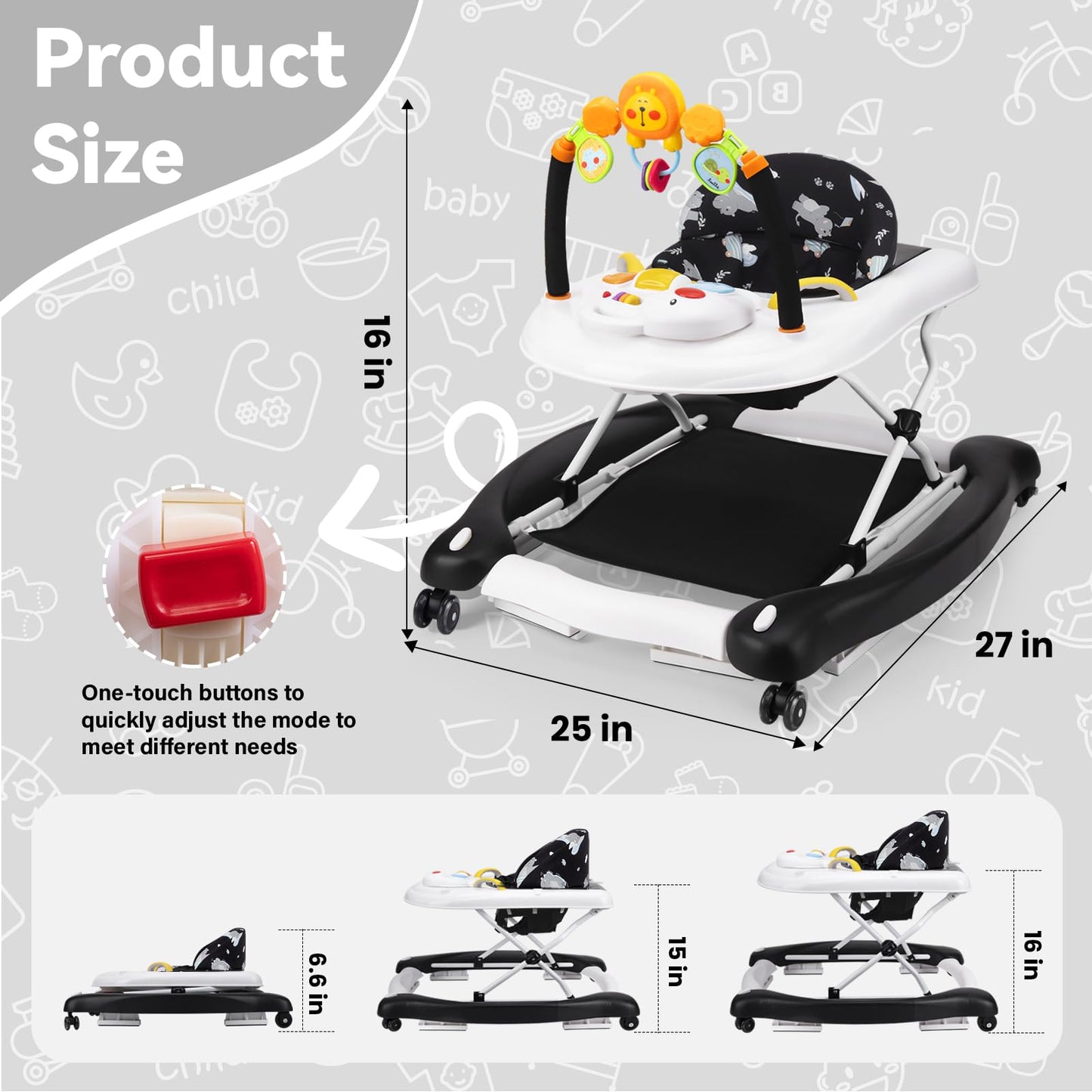 RefoereBabe Baby Walker, 5 in 1 Baby Walkers for Boys Girls 6-12 Months, Foldable Walkers for Babies with Bouncer & Feeding Tray, Music, Adjustable Heights, Activity Walker for Infant