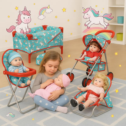Fash n kolor® 4 Piece Doll Play Set, Doll Accessories Gift, Toy Set -Unicorn Design Includes, Doll Foldable Bed, Doll Stroller, Doll High Chair and Doll Seat, Dolls Gift Set (4 Piece Set)