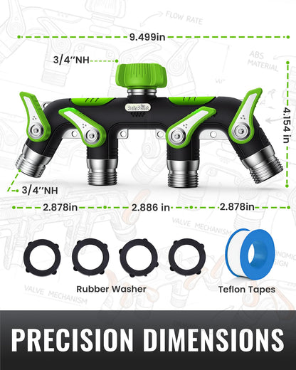 RAINPOINT 4 Way Garden Hose Splitter, 100% Metal Heavy Duty Water Hose Splitter with Individual Shut-Off Valves, 3/4" GHT High Flow Outdoor Faucet Splitter, 1.81" Extra Long Handle (Green)