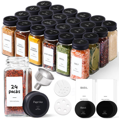 ComSaf Glass Spice Jars with Label, 24Pcs 4oz, 93 Labels, a Metal Funnel, Extra Shaker Lids, Empty Spice Containers and Square Spice Bottles for Kitchen and Seasoning