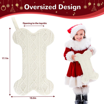 KCFESTIHUE Christmas Stocking, Large Dog Bone Shape, Super Soft Cable Knit Pattern, 18", Fireplace Hanging Holiday Decoration, Knitted Xmas Stockings for Pets, Family Party Décor, White
