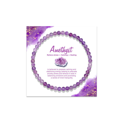 GolbalJew Natural Gemstone Beads Bracelets Healing Crystal Stone Beaded Bracelet for Women Men Handmade Spiritual Jewelry Gifts, 4mm Amethyst Faceted Round Beads