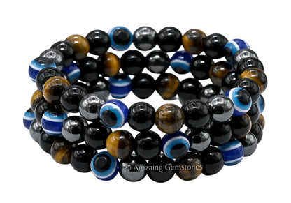 Amazing Gemstone Ultimate Triple Protection Bracelets for Men Women, Evil Eye Bracelet for Protection, Tiger Eye Bracelet, Hematite, Black Obsidian Mens Bracelet, Bad Energy Protection