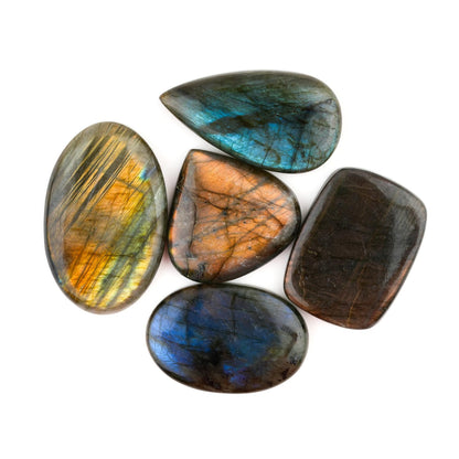 CRYSTALINES 5pcs Natural Labradorite Gemstones, Bulk Flatback Cabochon, Polished Stones, DIY Jewelry Making, Healing Crystals, Wholesale Assorted Loose Supply, Wire Wrapping, Gem Collection
