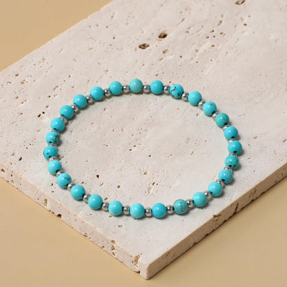 QOGIR Blue Turquoise - Stone of Wisdom - Stainless Silver Beads Natural Gemstone Stretch Elastic Dainty Healing Beaded Bracelets Gifts 4mm