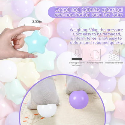 Heopeis Star Balls for Ball Pit，50 200 500 Plastic Balls with Stars Phthalate Free BPA Free for Playhouse, Baby Pool, Play Ball Fun Centers, for Babies, Kids, Toddlers 1-3 Indoor Outdoor