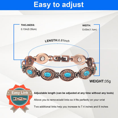 EnerMagiX Copper Bracelets for Women, Pure Copper with Turquoise Adjustable Magnetic Bracelet, Mother's Day Presents(0174)