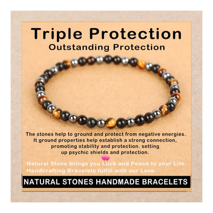 AD Beads Handmade Gemstone Stretch Elastic Bracelet Crystal Healing Reiki Nature's Beauty and Spiritual Essence Unisex (4mm, Triple Protection (Strong Protect))