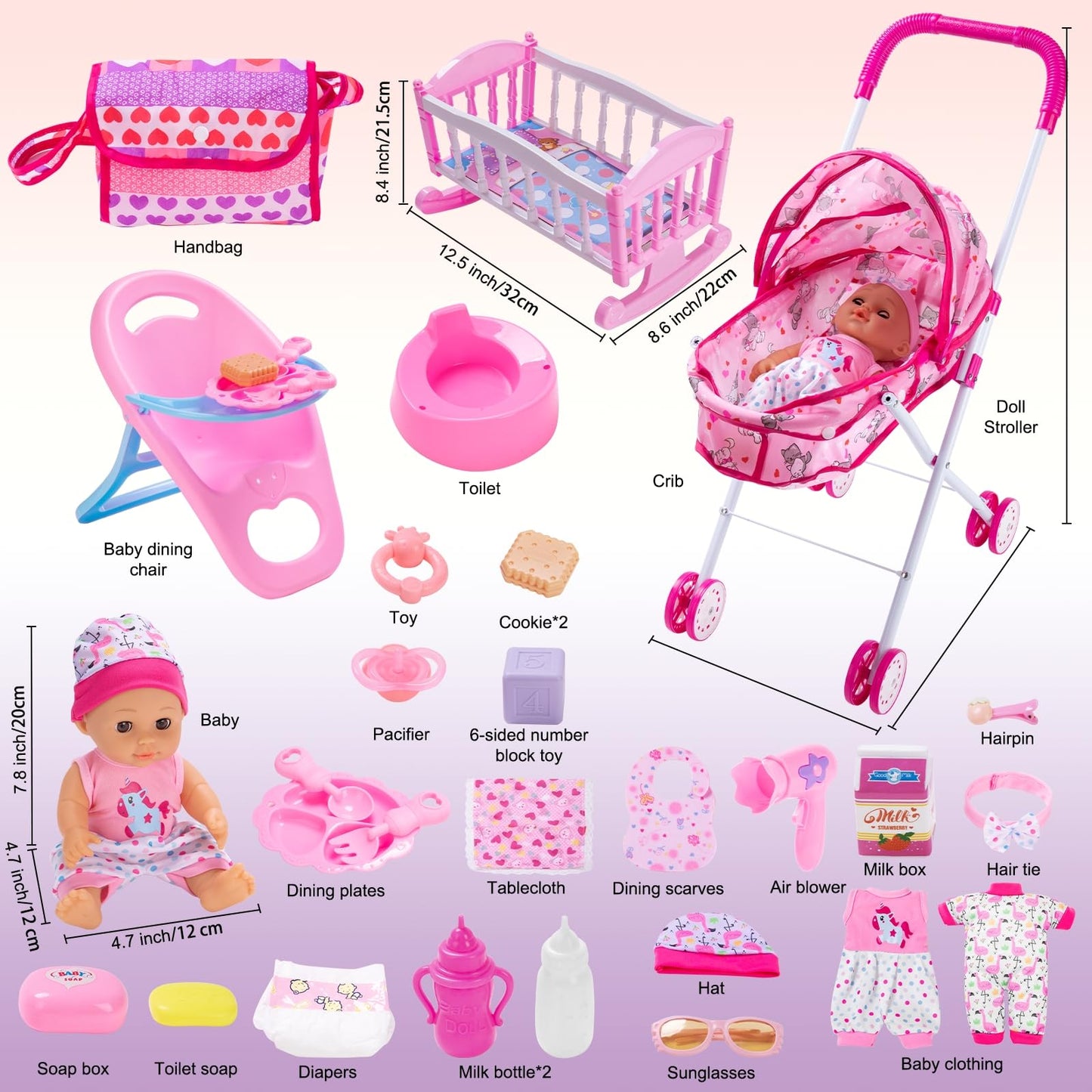 gerleek Baby Doll Stroller Play Set with 12.5" Baby Dolls, 28 Pcs Pretend Role Play Doll Accessories Including Crib, Dining Chair, Doll Clothes, Sunglass, Handbag for Girls Toddlers 3-5 4-6 5-7