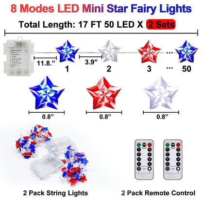100 LED 4th of July Decorations American Star Fairy Lights Battery Operated, 2 Sets Mini Red White and Blue Star Twinkling Lights Remote & Timer with 8 Modes for Home Memorial Day Patriotic Decor