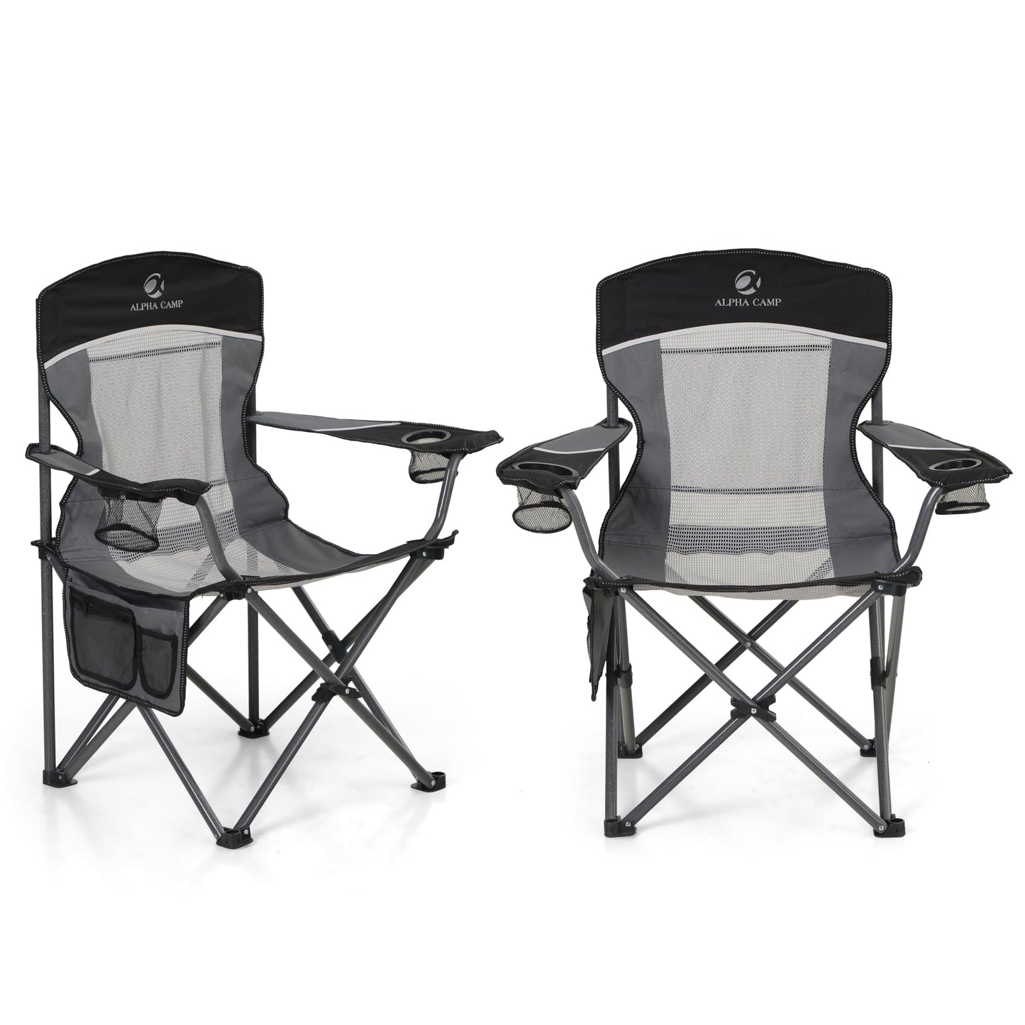 LET'S CAMP 2 Pack Mesh Back Camping Chair Portable Folding Heavy Duty Outdoor Chair Support 330 LBS Durable Large Arm Chair with Cup Holder and Carry Bag for Camp, Fishing, Hiking, Black