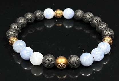 AWAKEN YOUR KUNDALINI Lava Rock & Aquamarine Stretch Bracelet – 8mm Beads, Copper Spacers