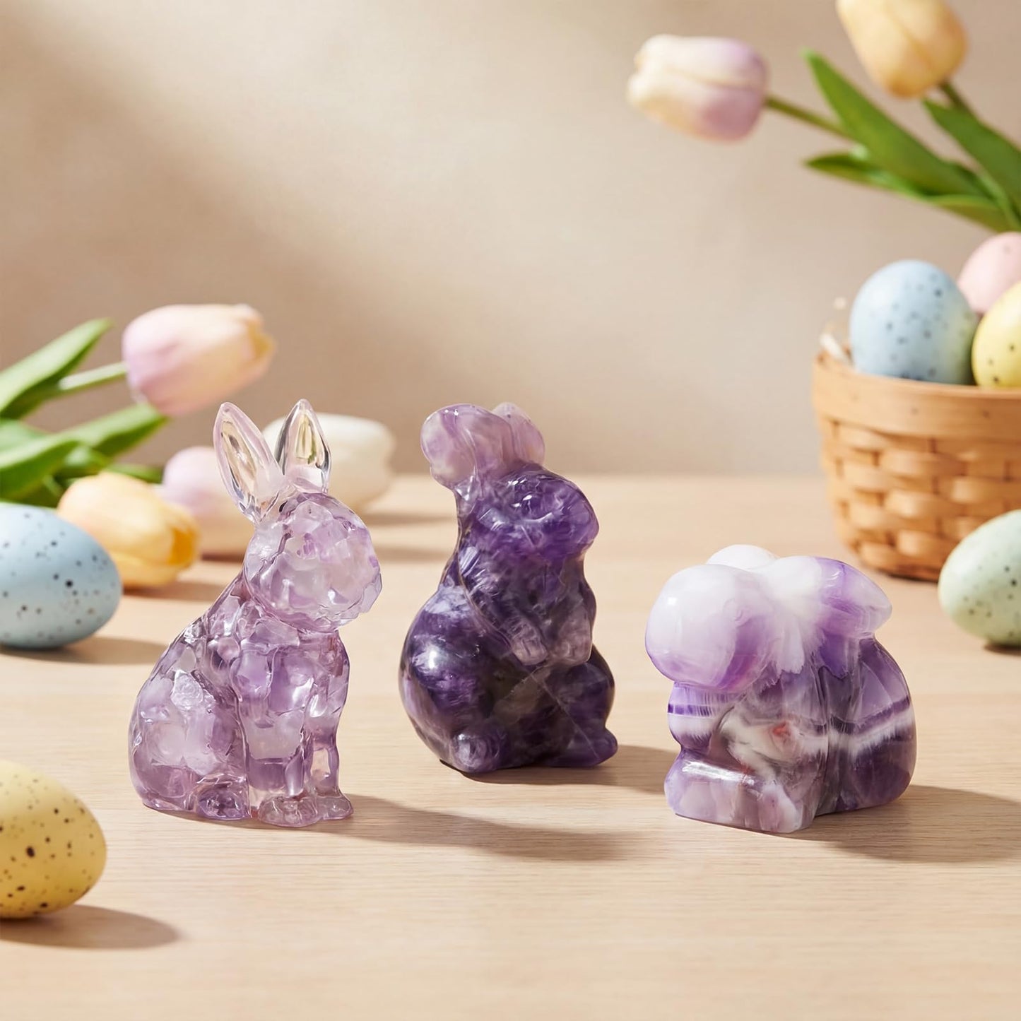 Pinkunn 3 Pcs Amethyst Bunny Figurines—Carved Crystal Rabbit Statues for Easter, Home & Office Decor, Natural Healing Purple Gemstone Gifts for Bunny Lovers