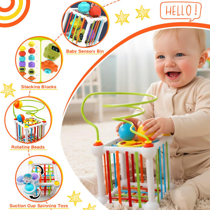 Fyxttalor Montessori Toys for Toddlers 18 Months+, 16PCS Baby Activity Cube with Shape Sorter, 3 Suction Cup Spinner Toys, 2 Bead Mazes, Ball Rolling Track, Developmental Learning Gifts for Boys Girls